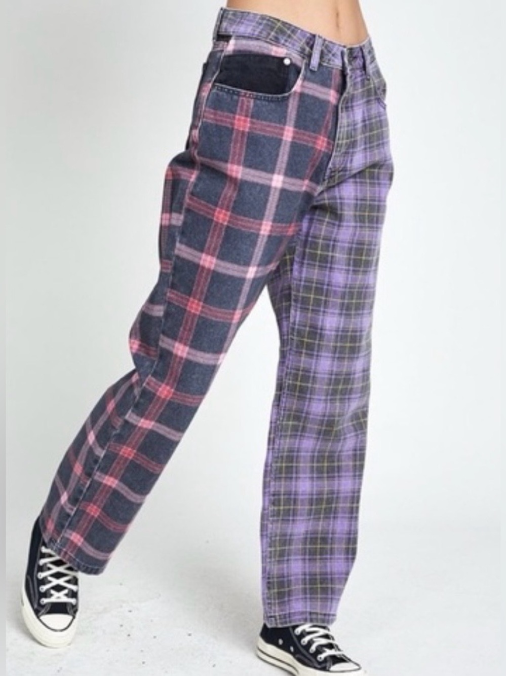 Two-Tone Plaid Straight Leg Pants — Navy/Pink & Lavender